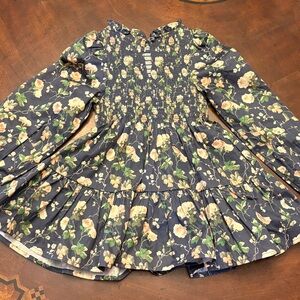 Hill House Navy Floral Smocked Top with Cream and Green Accents